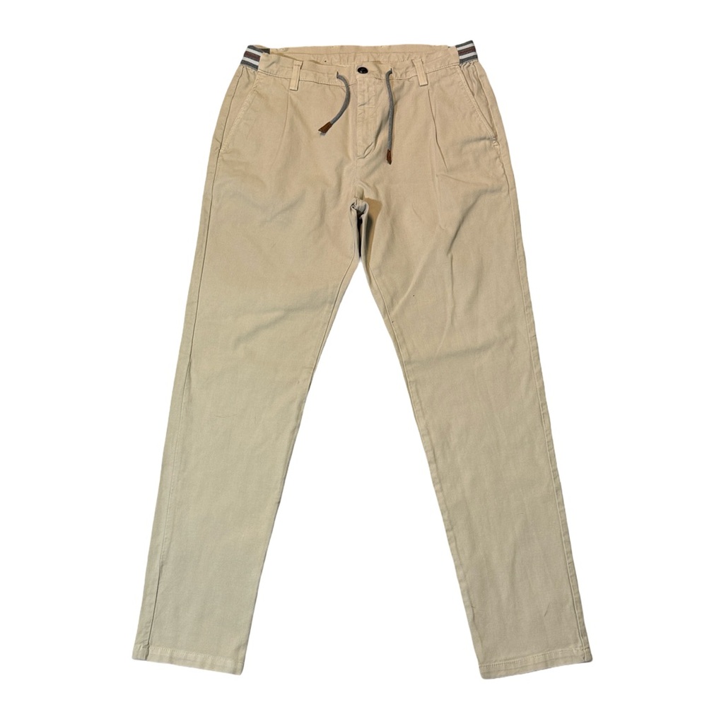Eleventy mens 33x32 slim fit khaki tan drawstring flat front casual pants EUC